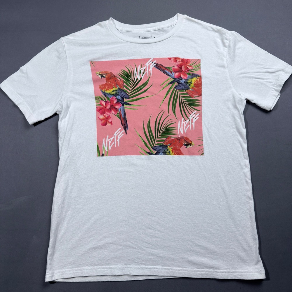 Neff Parrot Graphic T-Shirt Tropical Floral Print White Tee Large